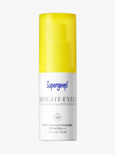 Supergoop! Bright-Eyed Mineral Eye Cream Broad Spectrum SPF 40 Sunscreen in branded component on a light gray background