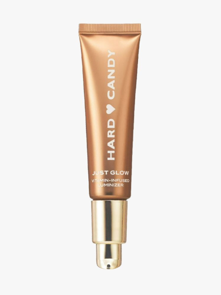 Hard Candy Just Glow Face Luminizer in branded tube component on a light gray background
